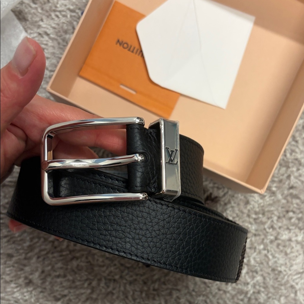 Louis Vuitton Black Leather Belt with Silver Buckle